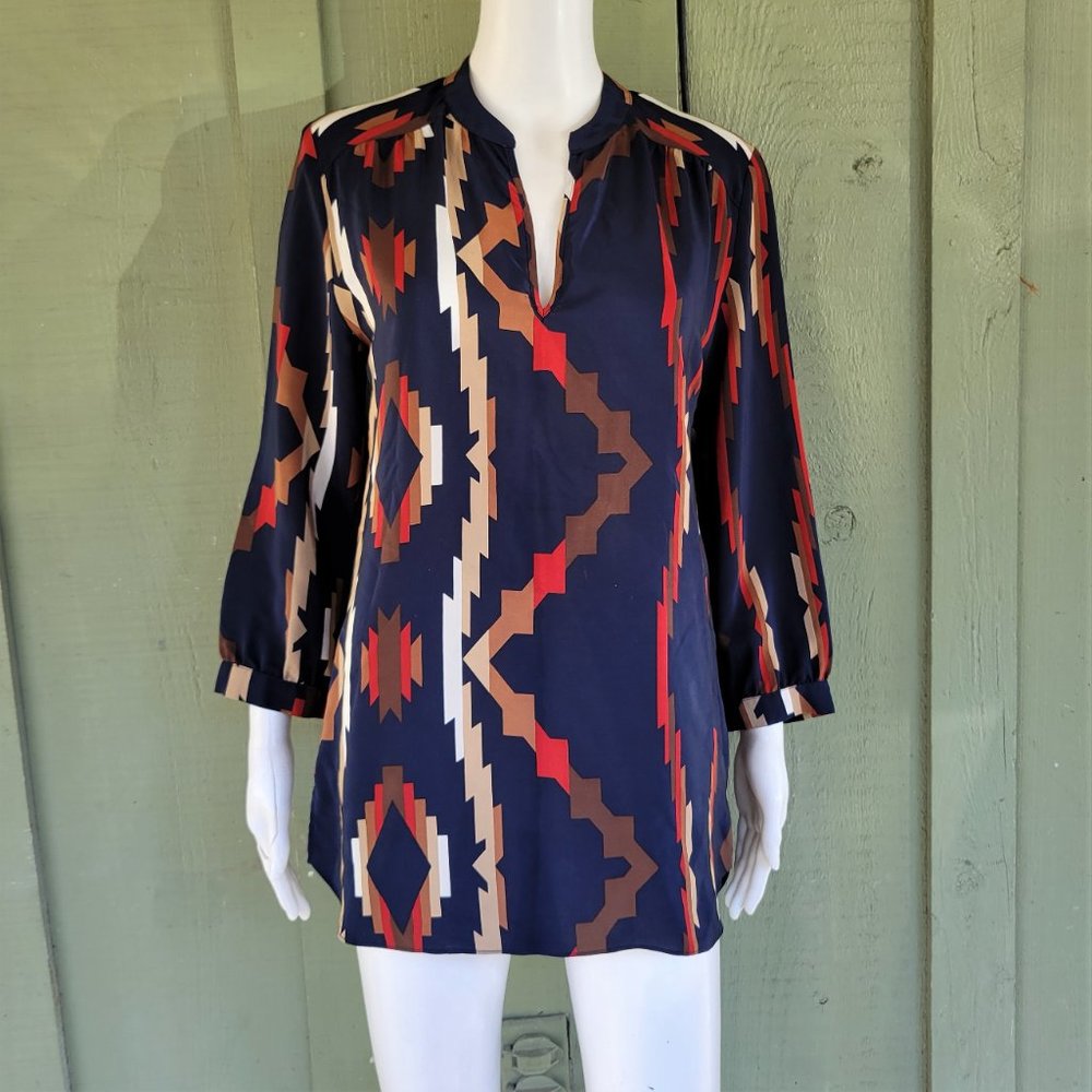 AMANDA UPRICHARD Navy Blue Print Silk Tunic Top S Small